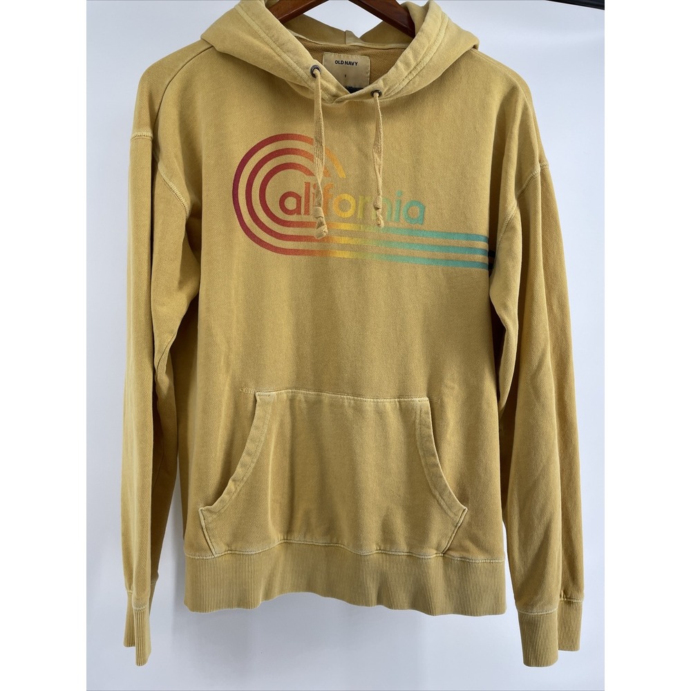 Old Navy Hoodie Womens Small Yellow California Rainbow Y2K Distressed Cozy
